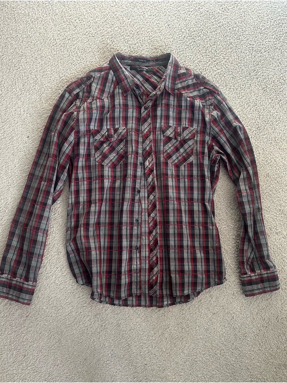 Men's Long-Sleeve Red and Gray Plaid Button-Up Shirt
